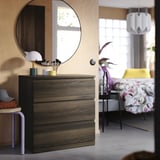 STORKLINTA Gavetero de 3 cajones, marrón oscuro/efecto de roble función de anclaje/desbloqueo, 27 1/2x18 7/8x29 1/2 "