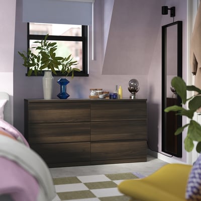 STORKLINTA Gavetero de 6 cajones, marrón oscuro/efecto de roble función de anclaje/desbloqueo, 55 1/8x18 7/8x29 1/2 "