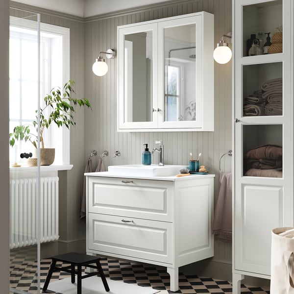 TÄNNFORSEN / ORRSJÖN Tocador de baño+cajones, blanco/blanco efecto de mármol, 37x21 1/2x35 3/8 "