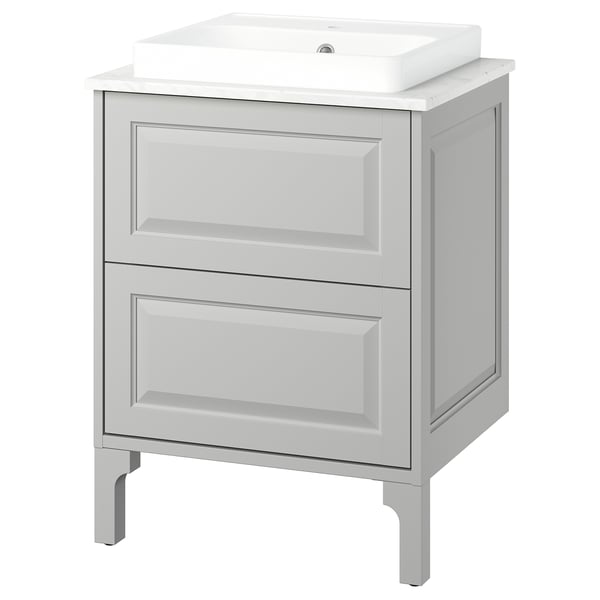 TÄNNFORSEN / ORRSJÖN Tocador de baño+cajones, gris claro/blanco efecto de mármol, 25x21 1/2x35 3/8 "