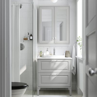 TÄNNFORSEN / RUTSJÖN Tocador de baño+lavamanos+grifo, gris claro/blanco efecto de mármol, 31x21 1/2x37 1/8 "