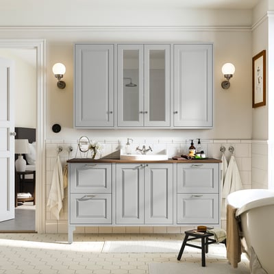 TÄNNFORSEN / RUTSJÖN Tocador de baño/lavamanos/grifo, gris claro/marrón efecto de nogal, 61x21 1/2x37 1/8 "