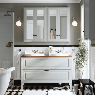 TÄNNFORSEN / RUTSJÖN Tocador de baño+lavamanos+grifos, gris claro/marrón efecto de nogal, 49x21 1/2x30 1/8 "