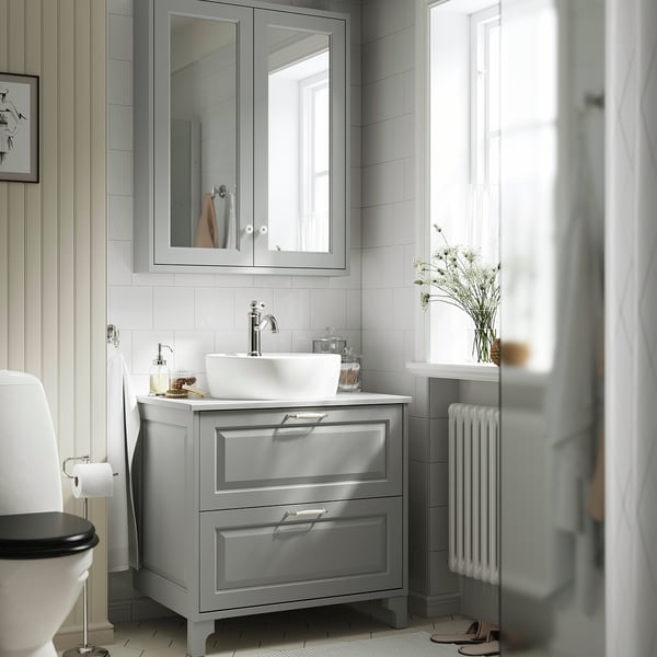 TÄNNFORSEN / TÖRNVIKEN Tocador de baño+cajones, gris claro/blanco efecto de mármol, 31x21 1/2x35 7/8 "