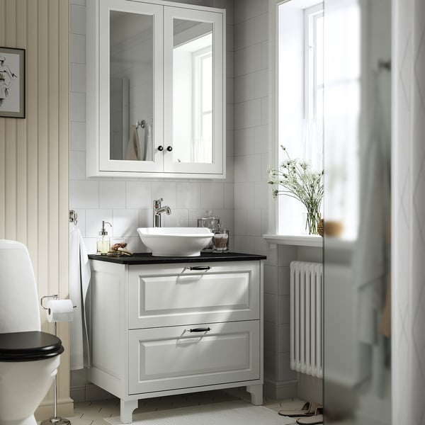 TÄNNFORSEN / VÄSTERSJÖN Tocador de baño+cajones, blanco/negro efecto de mármol, 31x21 1/2x35 7/8 "