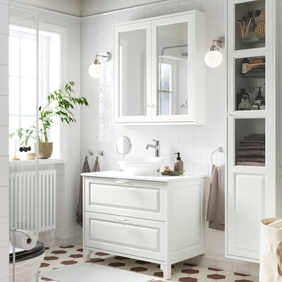 TÄNNFORSEN / VÄSTERSJÖN Tocador de baño+lavamanos+grifo, blanco/blanco efecto de mármol, 37x21 1/2x35 7/8 "