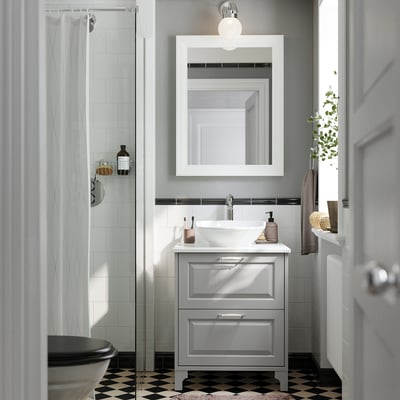 TÄNNFORSEN / VÄSTERSJÖN Tocador de baño+lavamanos+grifo, gris claro/blanco efecto de mármol, 25x21 1/2x35 7/8 "