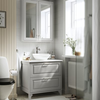 TÄNNFORSEN / VÄSTERSJÖN Tocador de baño+lavamanos+grifo, gris claro/blanco efecto de mármol, 31x21 1/2x35 7/8 "