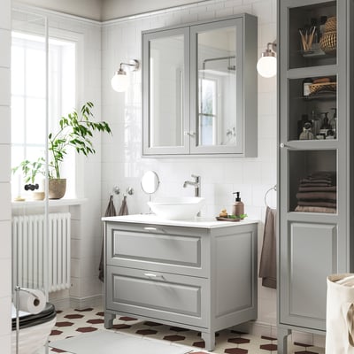 TÄNNFORSEN / VÄSTERSJÖN Tocador de baño+lavamanos+grifo, gris claro/blanco efecto de mármol, 37x21 1/2x35 7/8 "