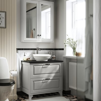 TÄNNFORSEN / VÄSTERSJÖN Tocador de baño+lavamanos+grifo, gris claro/negro efecto de mármol, 31x21 1/2x35 7/8 "