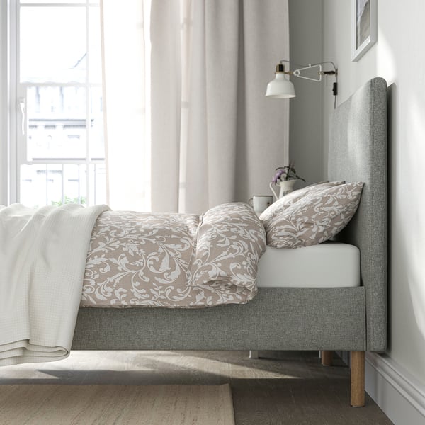 TÄRNKULLEN Base de cama tapizada, Tibbleby beige/gris/Luröy, Tamaño twin
