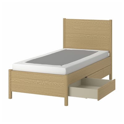 TONSTAD Base de cama+almacenamiento, chapa de roble/Lyngör blanco, Tamaño twin