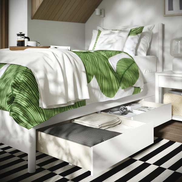 TONSTAD Base de cama+almacenamiento, color hueso/Lyngör blanco, Tamaño twin