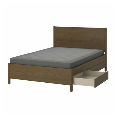 TONSTAD Base de cama+almacenamiento, marrón chapa de roble teñida/Lyngör gris oscuro, Tamaño queen
