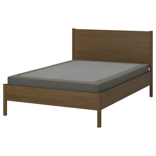 TONSTAD Base de cama, marrón chapa de roble teñida/Lyngör gris oscuro, Tamaño King