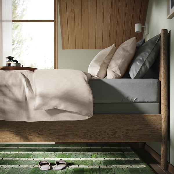 TONSTAD Base de cama, marrón chapa de roble teñida/Lyngör gris oscuro, Tamaño twin