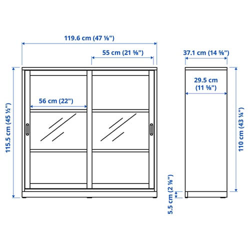 TONSTAD Gabinete+puertas corredizas vidrio, color hueso, 47 1/8x14 5/8x45 1/2 "