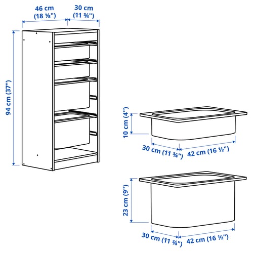 TROFAST Combinación almacenamiento+cajas, blanco blanco/azul claro, 18 1/8x11 3/4x37 "