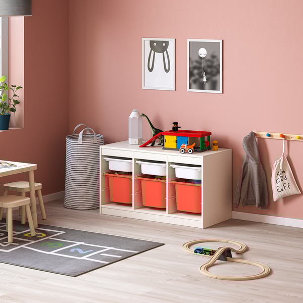 TROFAST Combinación almacenamiento+cajas, blanco blanco/naranja, 39x17 3/8x22 "