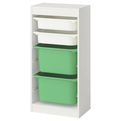 TROFAST Combinación almacenamiento+cajas, blanco blanco/verde vivo, 18 1/8x11 3/4x37 "
