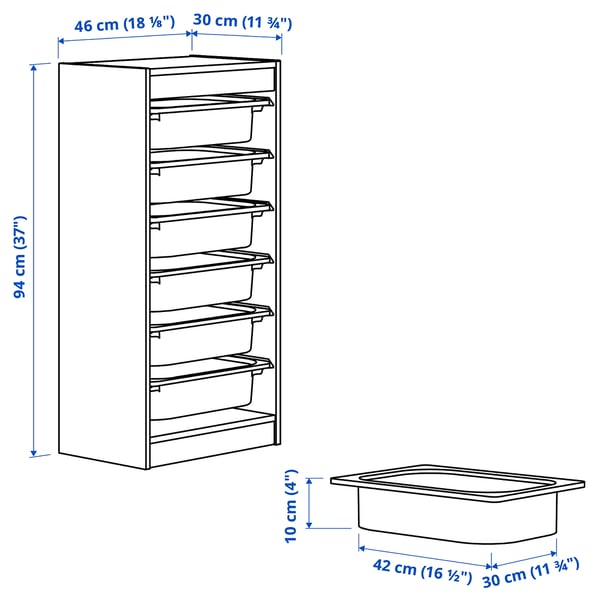 TROFAST Combinación almacenamiento+cajas, blanco/blanco, 18 1/8x11 3/4x37 "