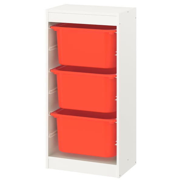 TROFAST Combinación almacenamiento+cajas, blanco/naranja, 18 1/8x11 3/4x37 "