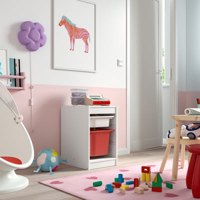 TROFAST Combinación almacenamiento+cajas, blanco/rojo, 13 3/8x17 3/8x22 "