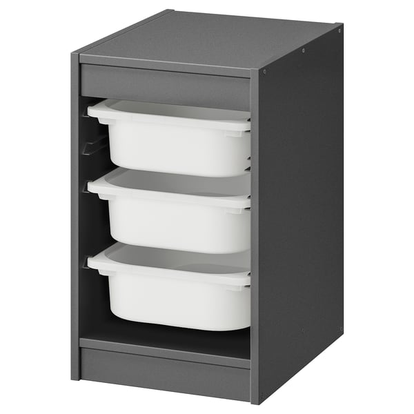 TROFAST Combinación almacenamiento+cajas, gris/blanco, 13 3/8x17 3/8x22 "