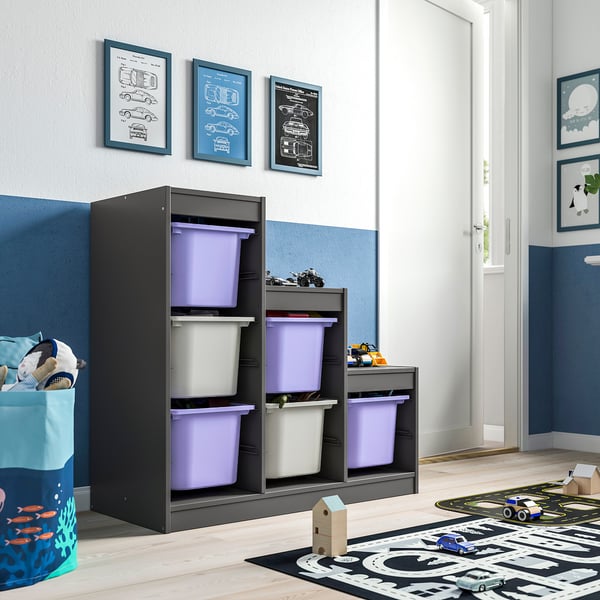 TROFAST Combinación almacenamiento+cajas, gris lila/gris, 39x17 3/8x37 "