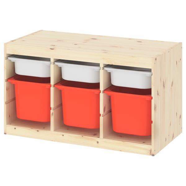 TROFAST Combinación almacenamiento+cajas, pino teñido blanco claro blanco/naranja, 36 5/8x17 3/8x20 1/2 "