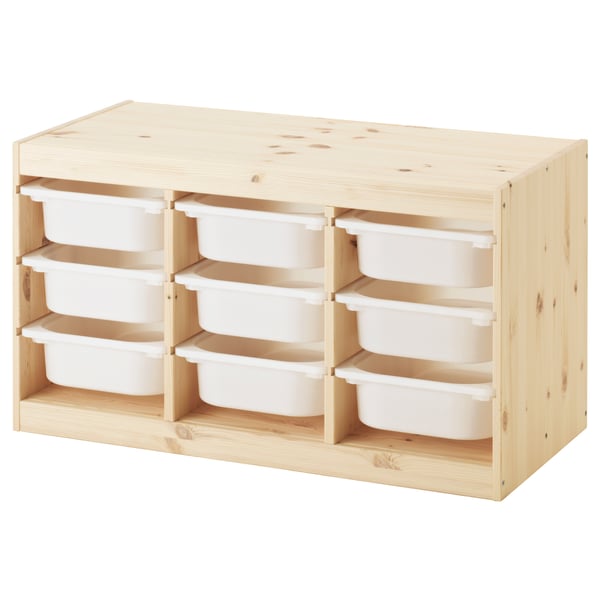 TROFAST Combinación almacenamiento+cajas, pino teñido blanco claro/blanco, 36 5/8x17 3/8x20 1/2 "