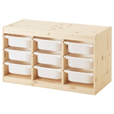 TROFAST Combinación almacenamiento+cajas, pino teñido blanco claro/blanco, 36 5/8x17 3/8x20 1/2 "