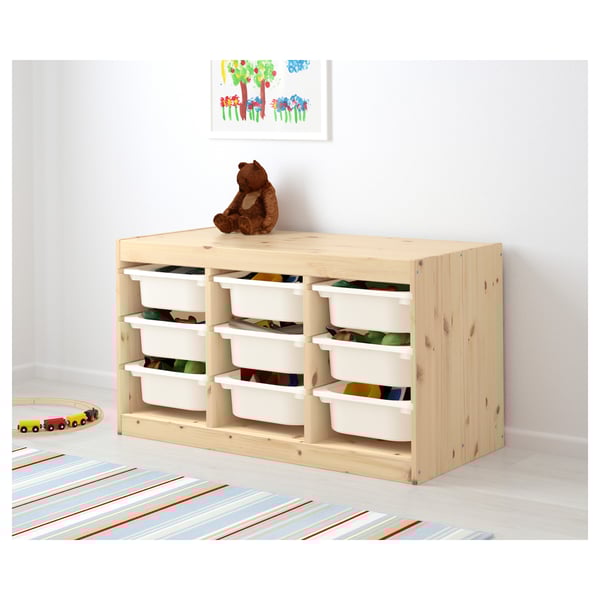 TROFAST Combinación almacenamiento+cajas, pino teñido blanco claro/blanco, 36 5/8x17 3/8x20 1/2 "