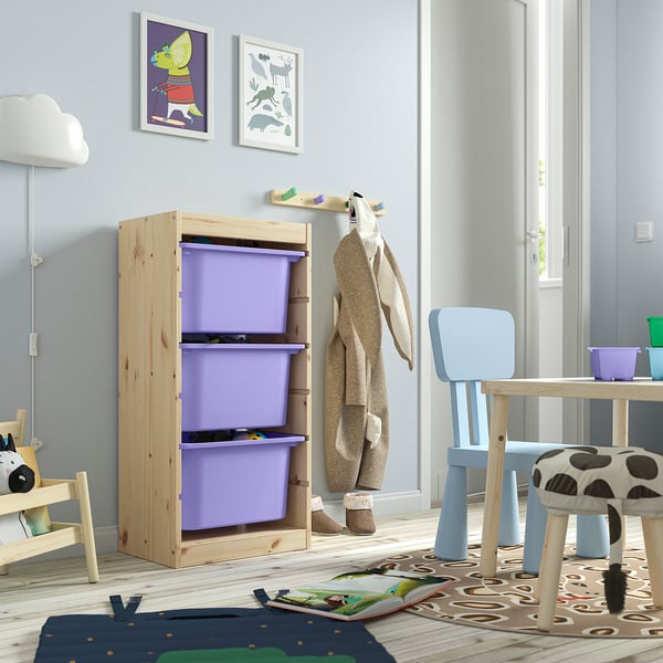 TROFAST Combinación almacenamiento+cajas, pino teñido blanco claro/lila, 17 3/8x11 3/4x35 7/8 "