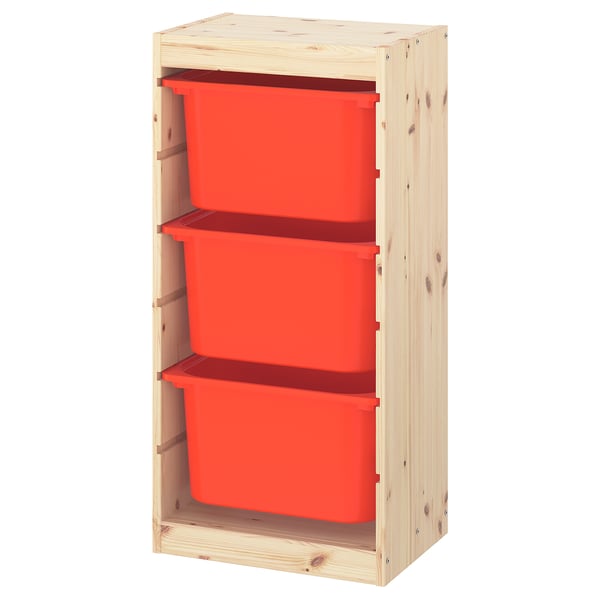 TROFAST Combinación almacenamiento+cajas, pino teñido blanco claro/naranja, 17 3/8x11 3/4x35 7/8 "
