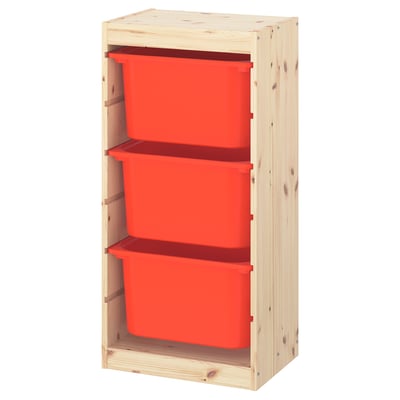 TROFAST Combinación almacenamiento+cajas, pino teñido blanco claro/naranja, 17 3/8x11 3/4x35 7/8 "