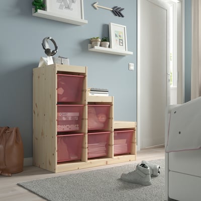 TROFAST Combinación almacenamiento+cajas, pino teñido blanco claro/rojo claro, 37x17 3/8x35 7/8 "