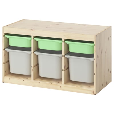 TROFAST Combinación almacenamiento+cajas, pino teñido blanco claro verde claro/gris, 36 5/8x17 3/8x20 1/2 "