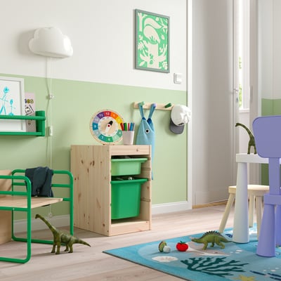 TROFAST Combinación almacenamiento+cajas, pino teñido blanco claro verde claro/verde vivo, 12 5/8x17 3/8x20 1/2 "