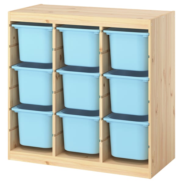 TROFAST Combinación almacenamiento+cajas, separador de ambientes/pino teñido blanco claro azul claro, 36 5/8x17 3/8x35 7/8 "