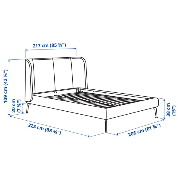 TUFJORD Base de cama tapizada, Tallmyra negro-azul/Luröy, Tamaño King