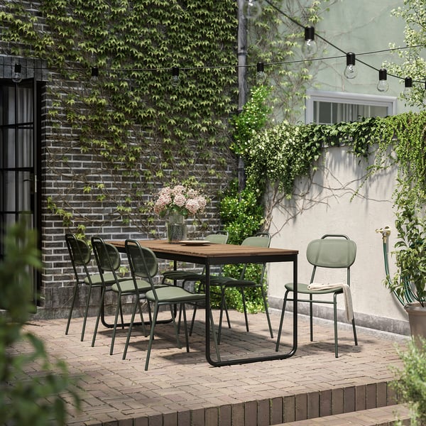 VÄSMAN / ENSHOLM Mesa+6 sillas, exterior, extensible teñido en marrón claro/verde, 53 1/8/74 3/4x29 1/8 "