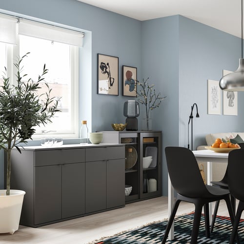 VIHALS Comb almacenamiento+puertas vidrio, gris oscuro/vidrio transparente, 92 1/2x18 1/2x35 3/8 "