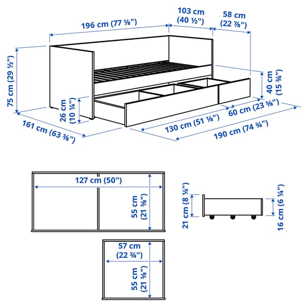 VIHALS Estructura de diván+almacenamiento, blanco, Tamaño twin