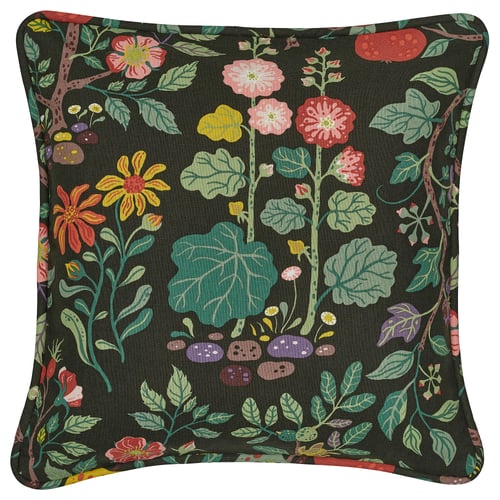VILDPERSILJA Funda para cojín, negro-verde multicolor/motivo floral, 20x20 "