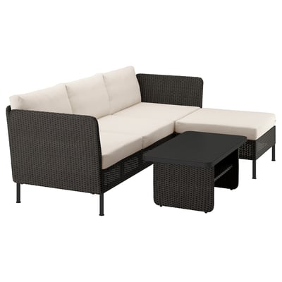 VITTSKÄR Conjunto de 3 plazas, +chaise longue exterior/ratán de plástico en gris oscuro Frösön/Duvholmen beige