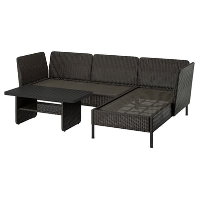 VITTSKÄR Conjunto de 3 plazas, +chaise longue exterior/ratán de plástico gris oscuro