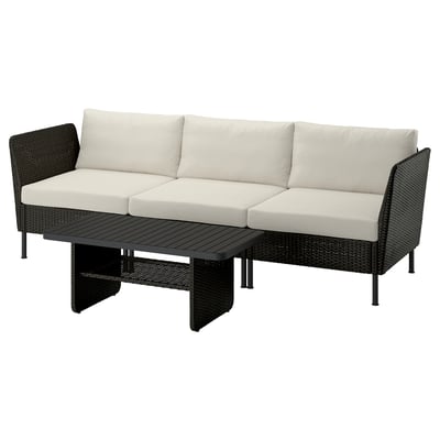VITTSKÄR Conjunto de 3 plazas, exterior ratán de plástico en gris oscuro/Frösön/Duvholmen beige