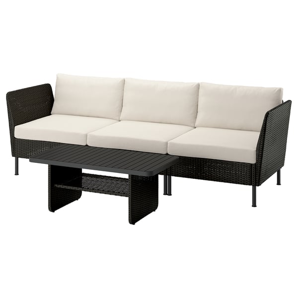 VITTSKÄR Conjunto de 3 plazas, exterior ratán de plástico en gris oscuro/Frösön/Duvholmen beige