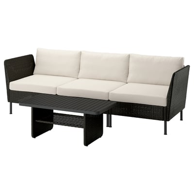 VITTSKÄR Conjunto de 3 plazas, exterior ratán de plástico en gris oscuro/Frösön/Duvholmen beige